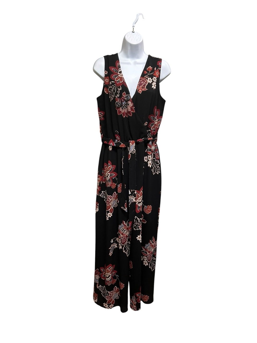 Maurices Floral V-Neck Tie Waist Black Red Wide Leg Jumpsuit Size M